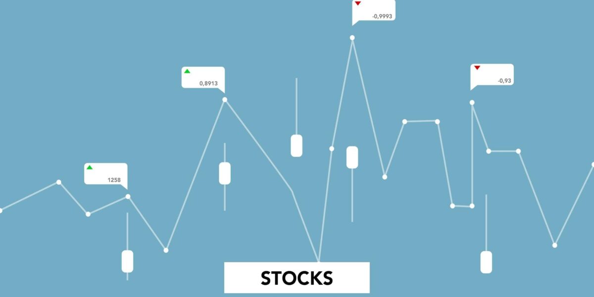 Decorative cardboard appliques of curved diagram with numbers showing stock profit on blue background