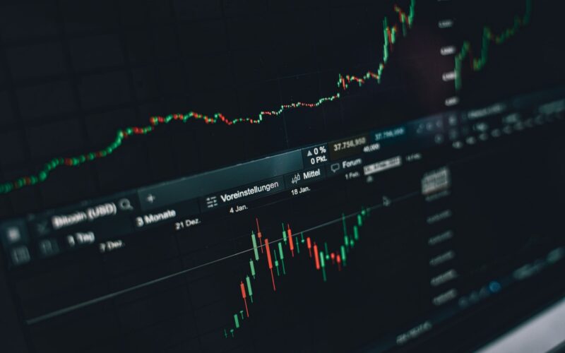Close-up of a digital market analysis display showing Bitcoin and cryptocurrency price trends.
