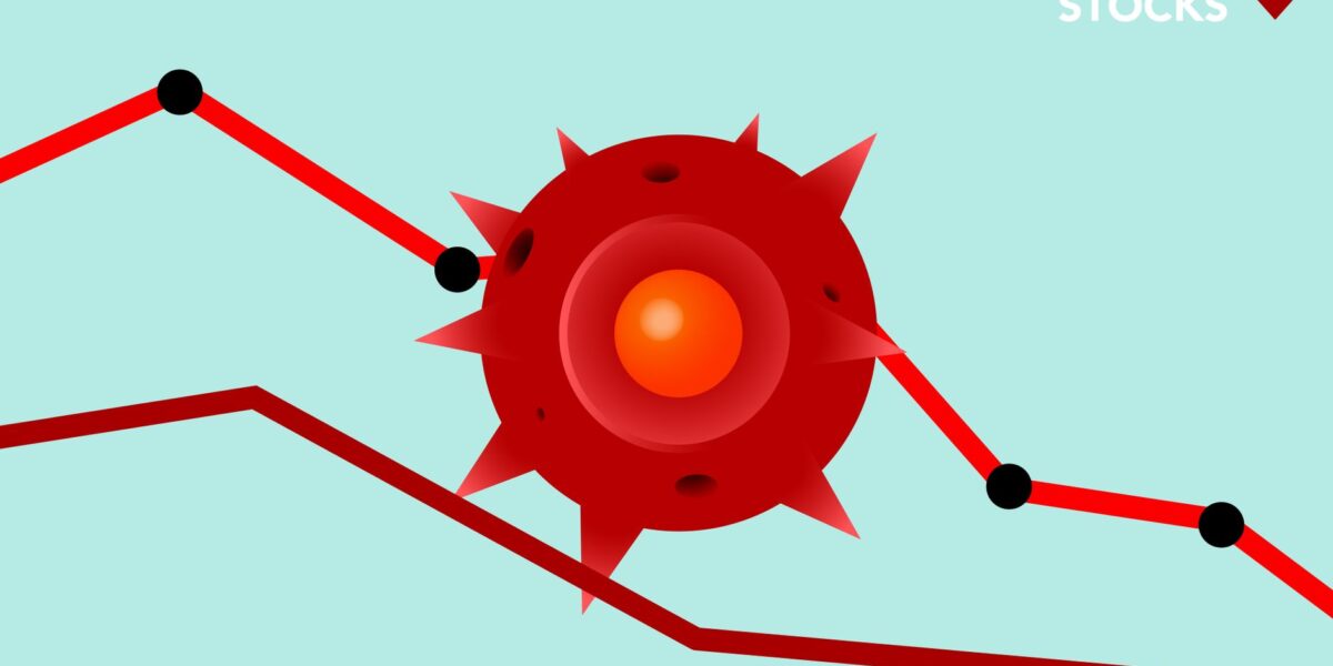 Vector image of red Covid virus against decreasing line graph on blue background