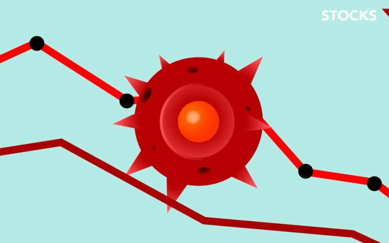 Vector image of red Covid virus against decreasing line graph on blue background