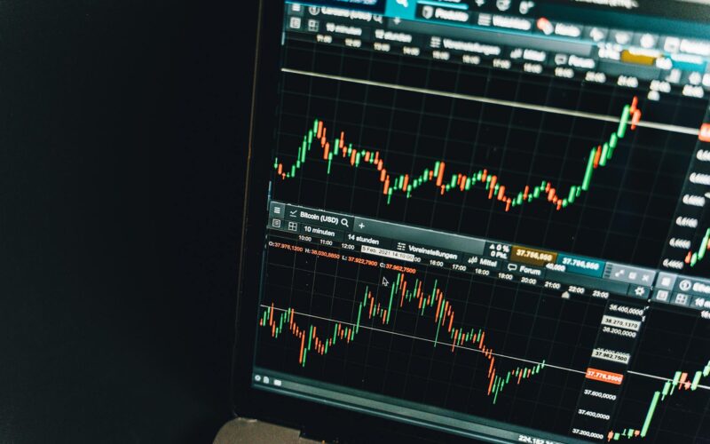Close-up of a live cryptocurrency trading chart screen displaying dynamic market trends and analysis.