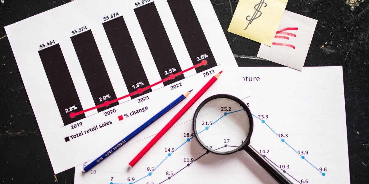 Charts and graphs highlighting retail sales growth, utilizing a magnifying glass for detail.