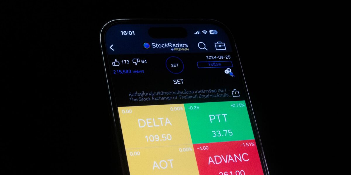 Close-up of a smartphone showing stock market data on a financial app screen.