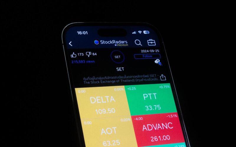 Close-up of a smartphone showing stock market data on a financial app screen.