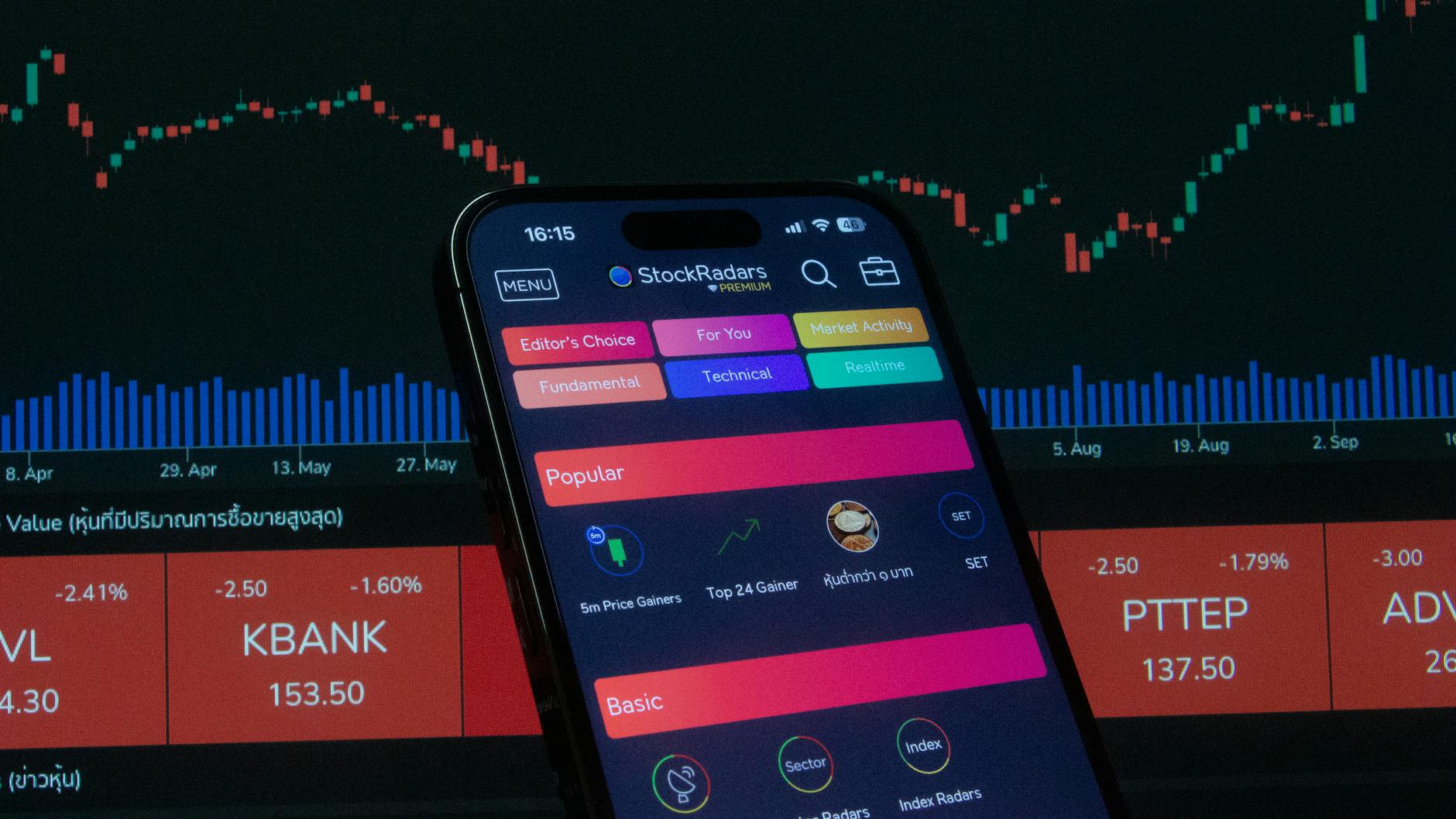 Close-up of a smartphone displaying a stock trading app against a backdrop of market charts.