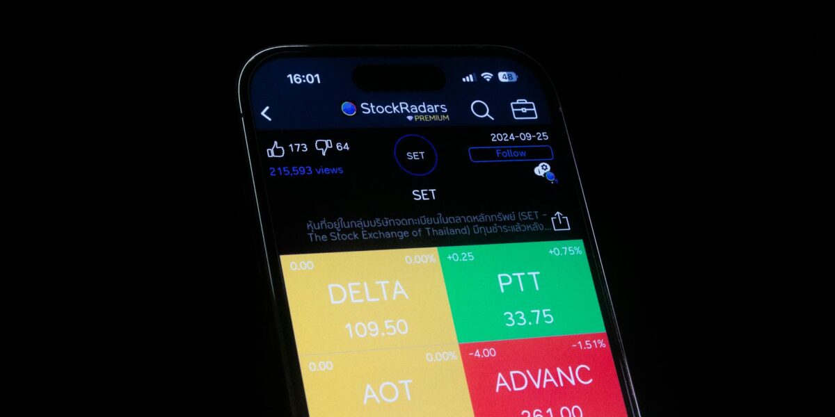 Close-up of a smartphone showing stock market data on a financial app screen.
