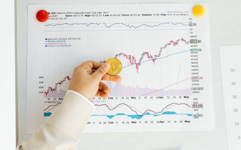 A hand holding a Bitcoin coin in front of a stock market chart, symbolizing analysis and finance.