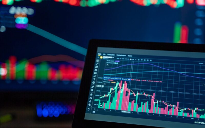 Colorful trading charts showing cryptocurrency market trends on a computer screen.