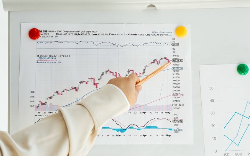 Close-up of a woman's hand pointing to data trends on a stock market chart using a pencil.