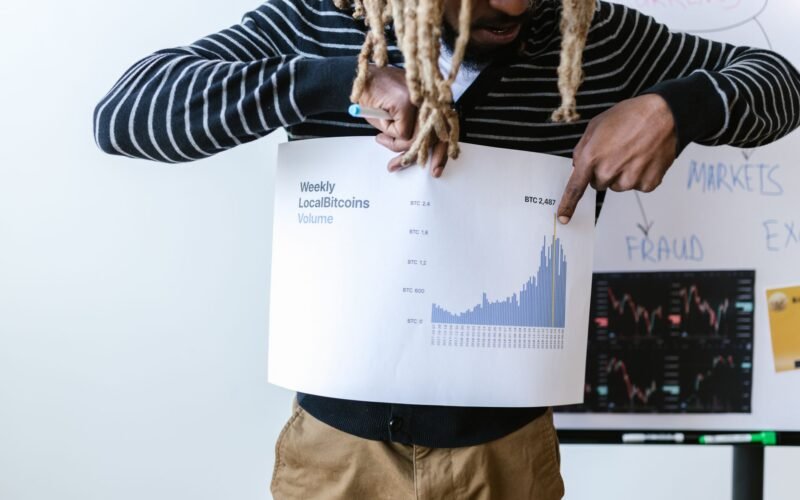 Businessperson presenting a chart on weekly Bitcoin volume trends with detailed analysis.