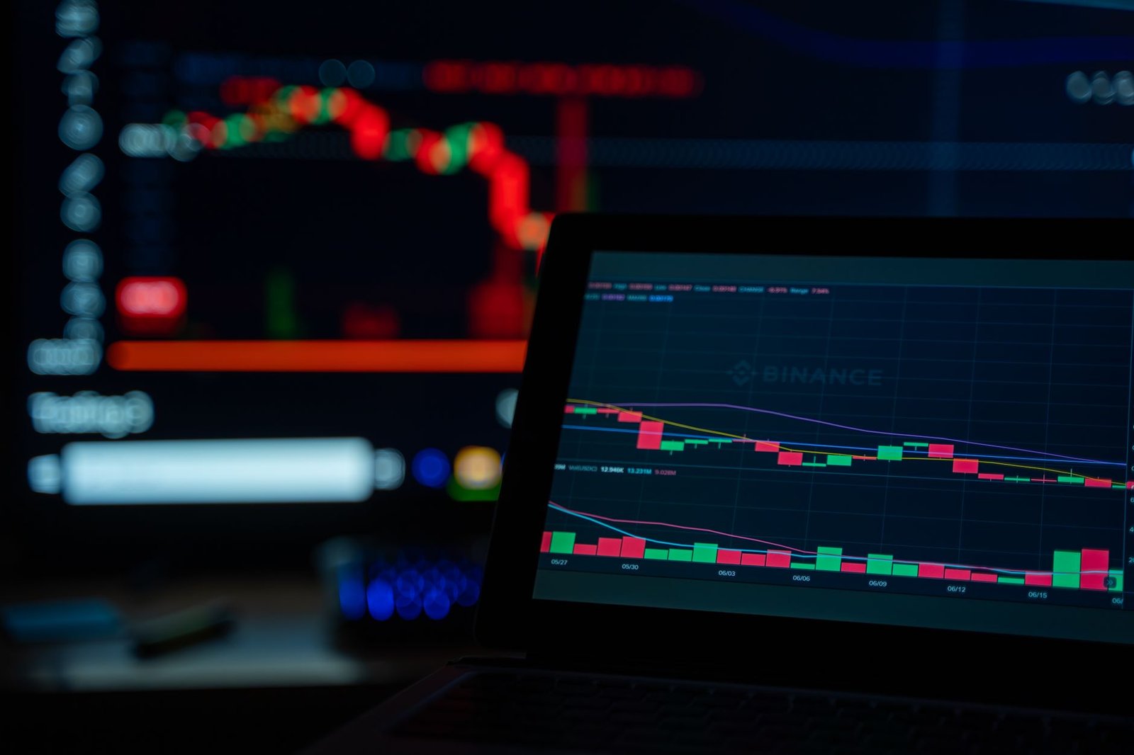 A dimly lit desk setup displaying cryptocurrency trading charts on multiple screens.