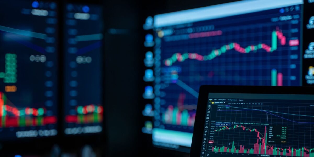 Monitors displaying stock market charts in a dimly lit room, perfect for finance and trading themes.