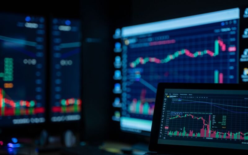 Monitors displaying stock market charts in a dimly lit room, perfect for finance and trading themes.
