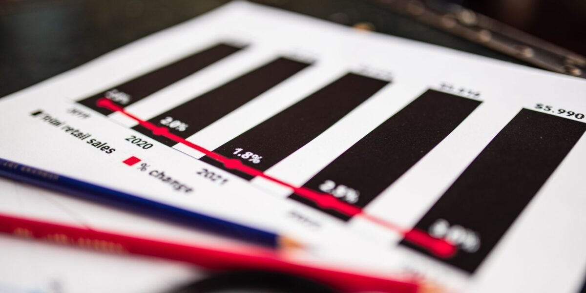 Close-up of a financial report showing sales data with dramatic depth of field.