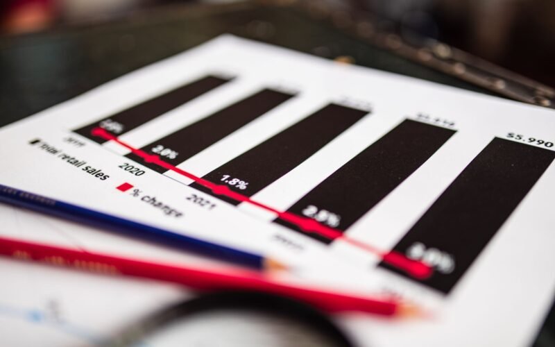 Close-up of a financial report showing sales data with dramatic depth of field.