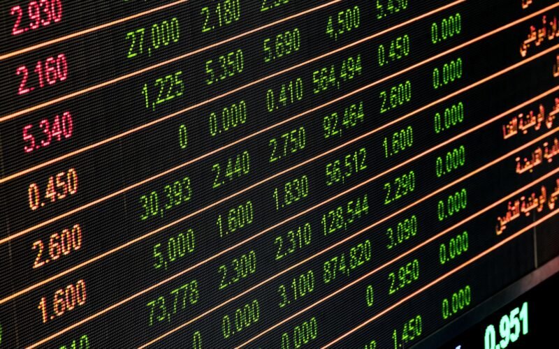 Detailed view of a stock market screen showing numbers and data, symbolizing financial trading.