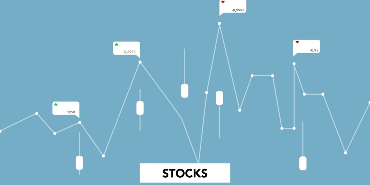 Decorative cardboard appliques of curved diagram with numbers showing stock profit on blue background