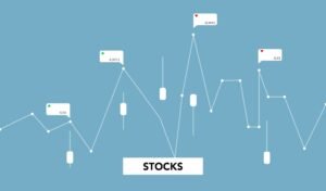 Decorative cardboard appliques of curved diagram with numbers showing stock profit on blue background