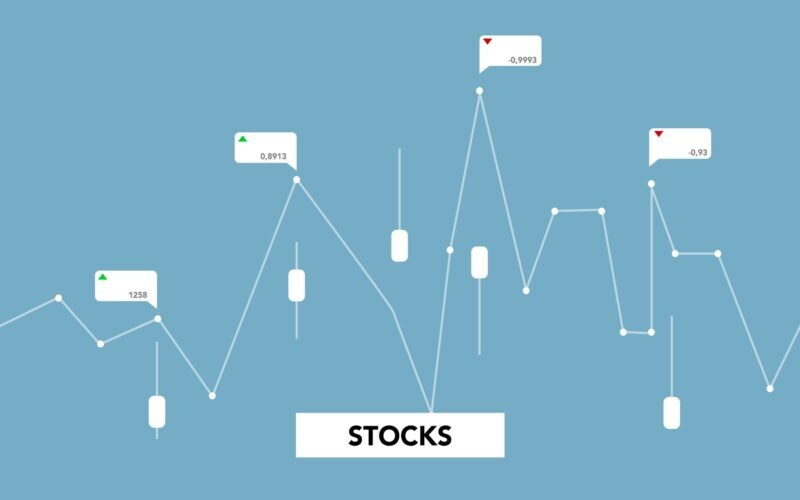 Decorative cardboard appliques of curved diagram with numbers showing stock profit on blue background