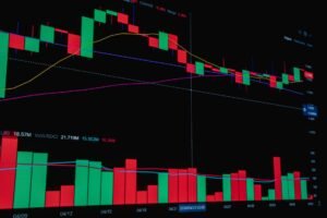 Candlestick chart showcasing crypto market trends with volume bars and moving averages.