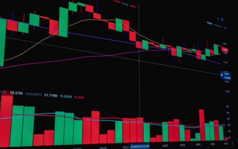 Candlestick chart showcasing crypto market trends with volume bars and moving averages.