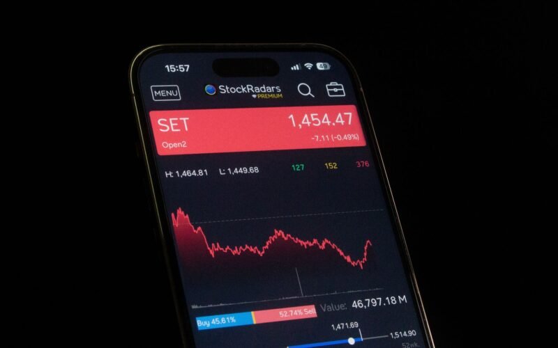 Close-up of a smartphone showing a stock market chart with financial data and analytics.