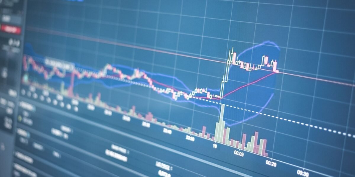 Close-up of a financial graph on a screen showing stock market trading data and trends.