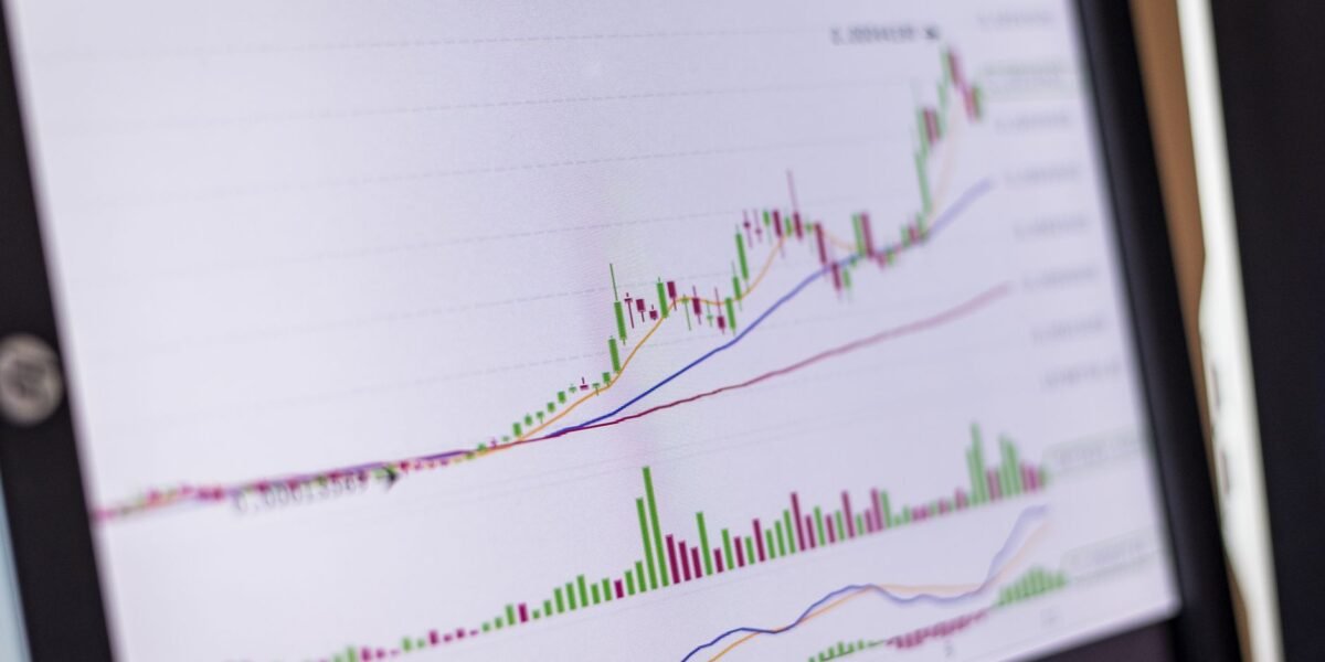 Close-up of a trading screen showing an increasing stock market chart.