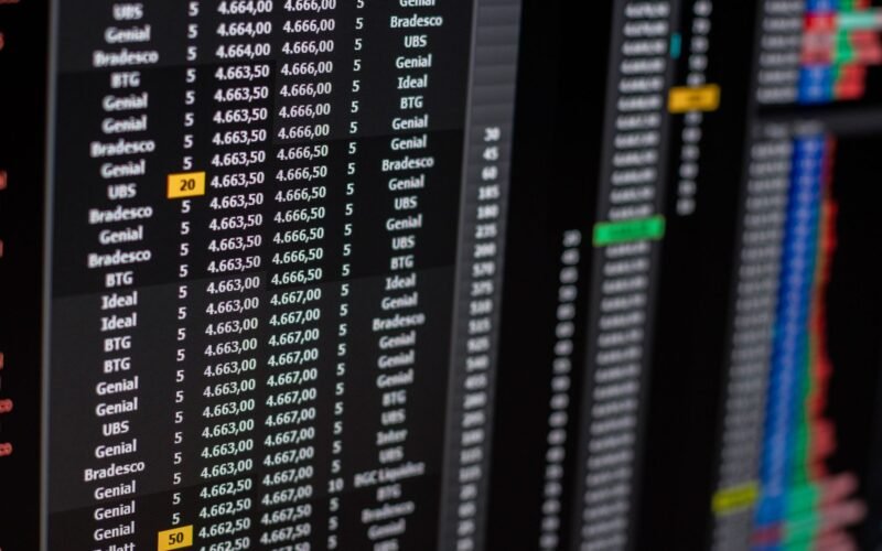 Close-up of financial data on a computer screen showing stock market trends.