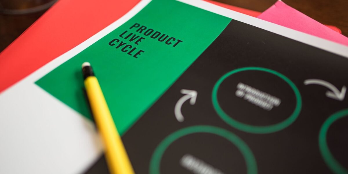 Close-up of a product life cycle diagram with colorful papers and a pencil.