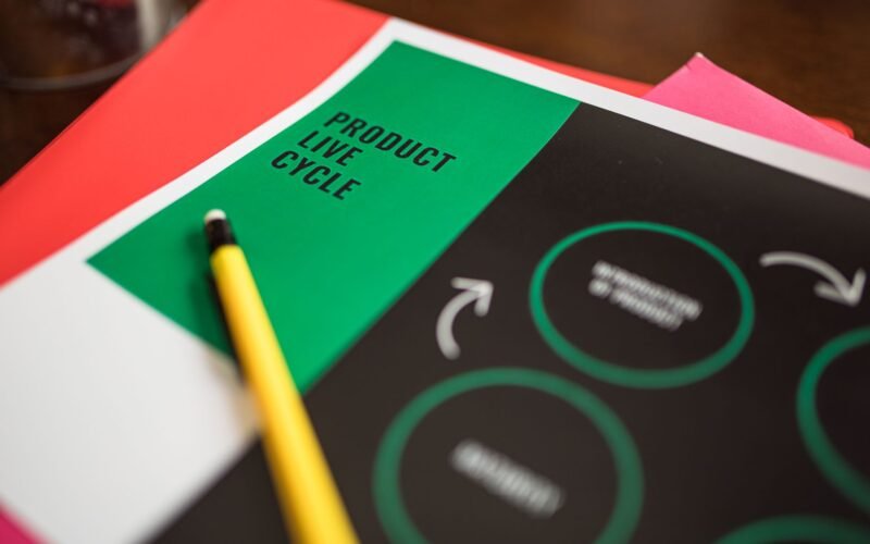 Close-up of a product life cycle diagram with colorful papers and a pencil.