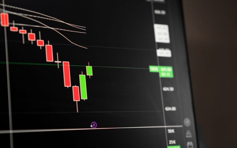 Candlestick chart showing a downward trend in the stock market analysis.