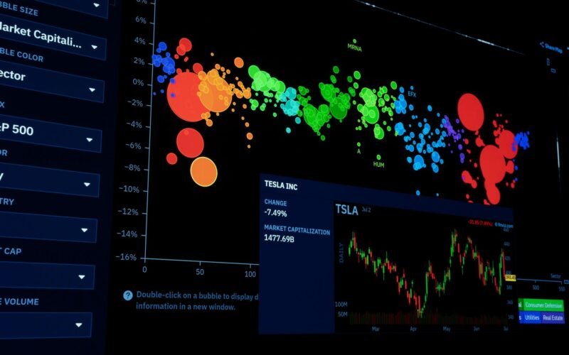 Colorful data visualization of stock market trends with financial charts.
