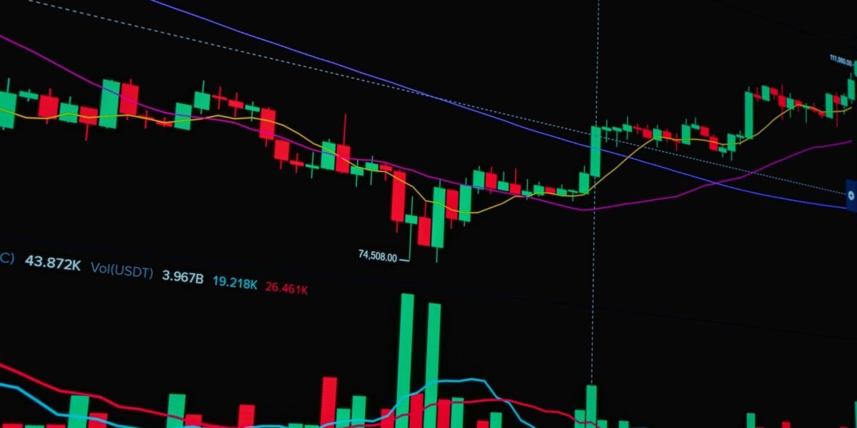 Bright candlestick chart showing stock market trends and analysis.