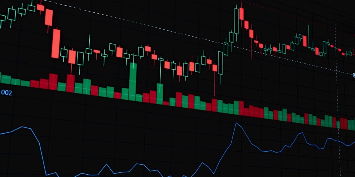 Dynamic financial market graph featuring a candlestick chart. Perfect for illustrating market trends and analysis.