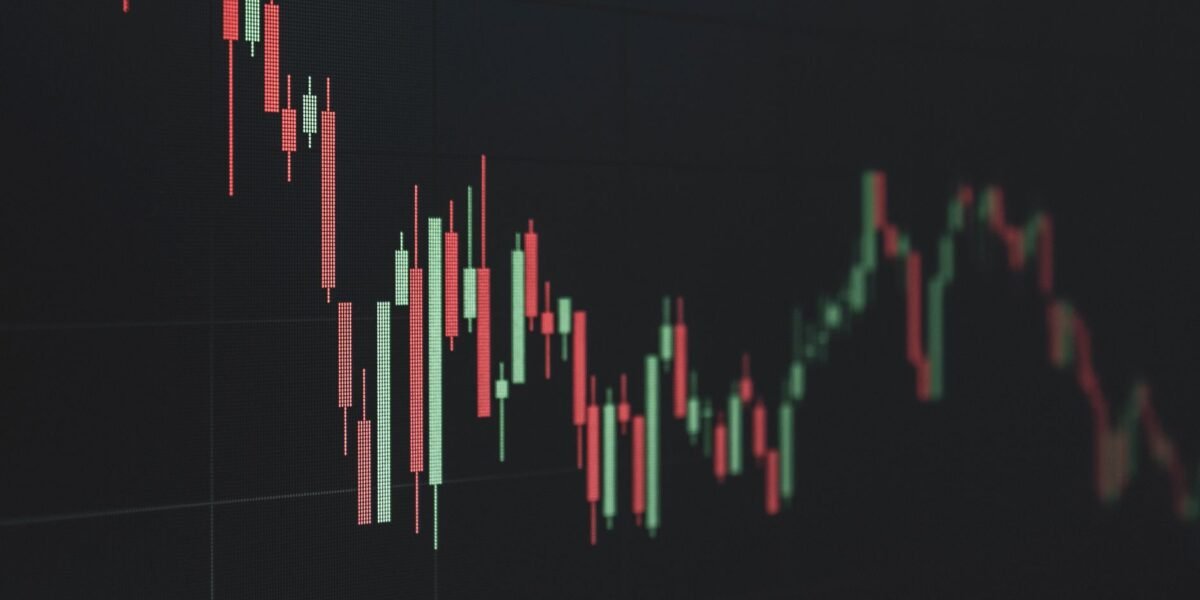 Stock market data chart showing trends in red and green. Perfect for financial and business themes.