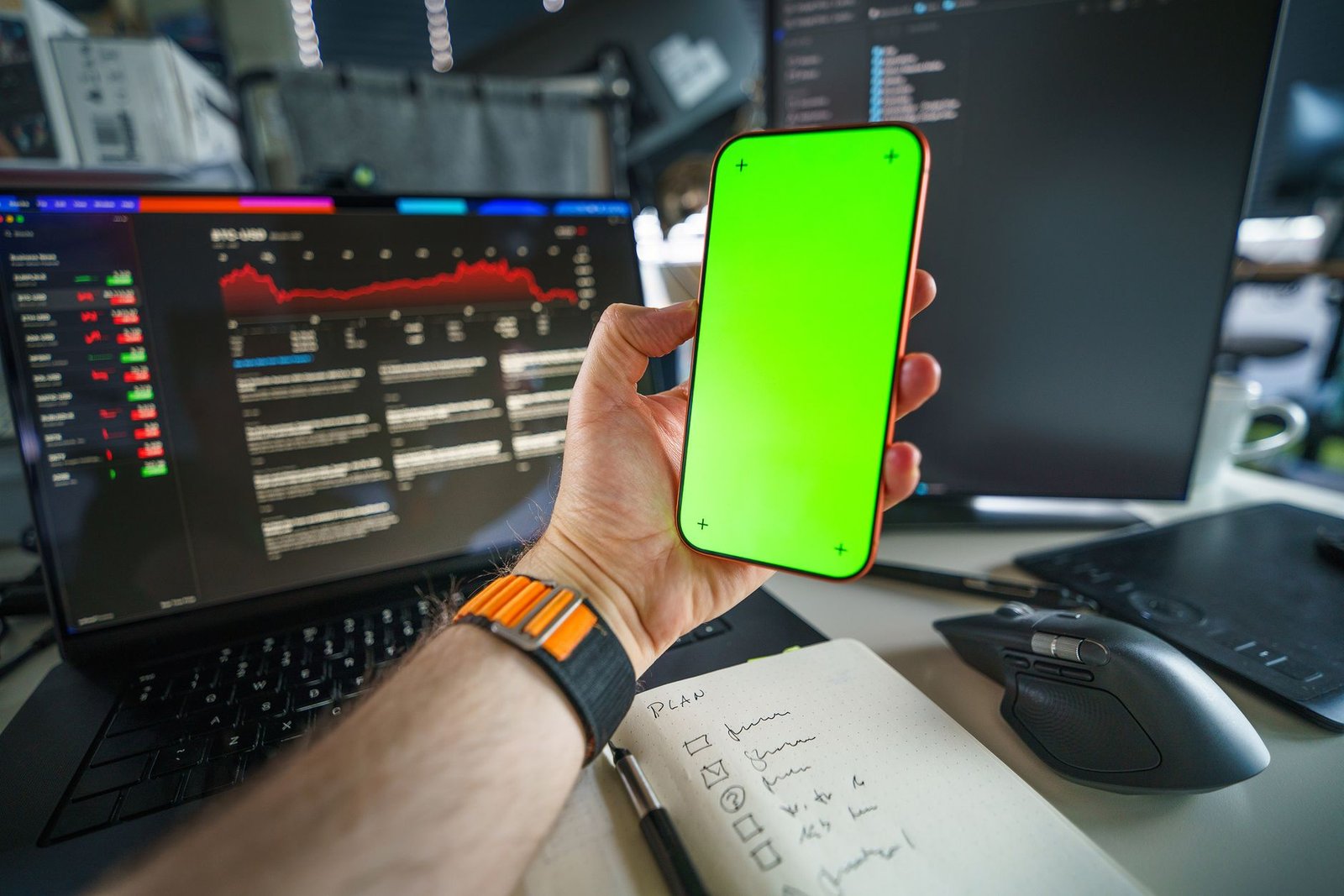 Modern workspace featuring a chroma key smartphone, laptop with financial data, and tech gadgets.
