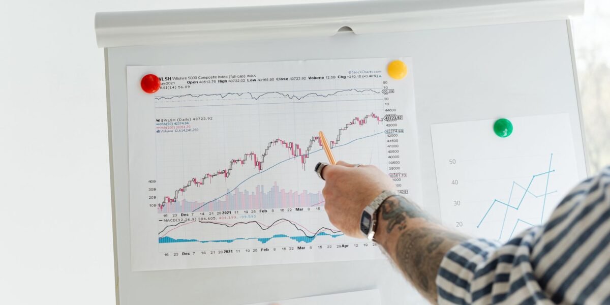 A tattooed person pointing at finance charts and graphs on a whiteboard.
