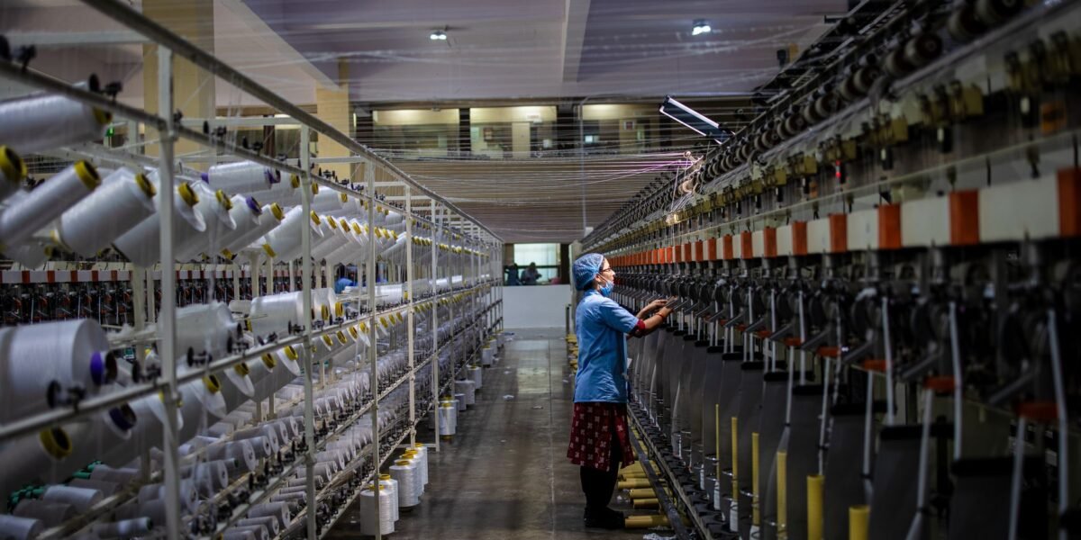 Textile factory worker monitoring machinery. Industrial and manufacturing setting.