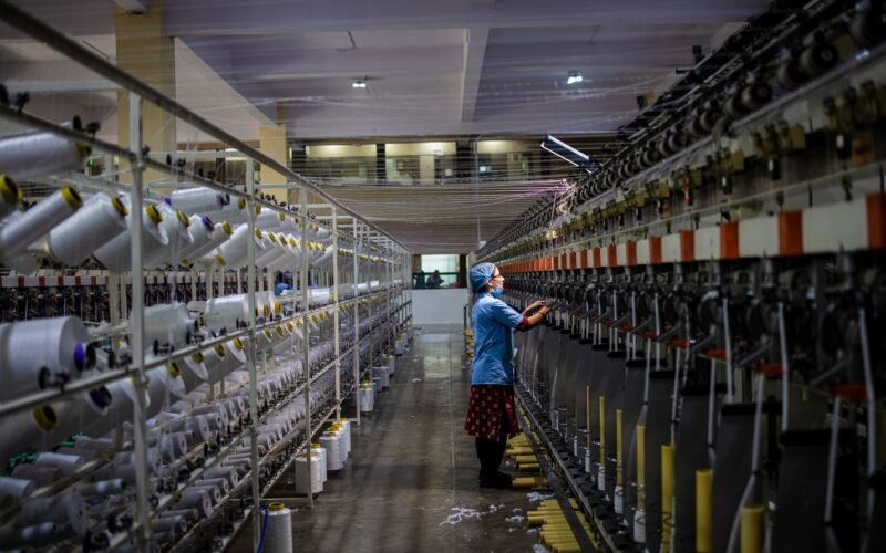 Textile factory worker monitoring machinery. Industrial and manufacturing setting.