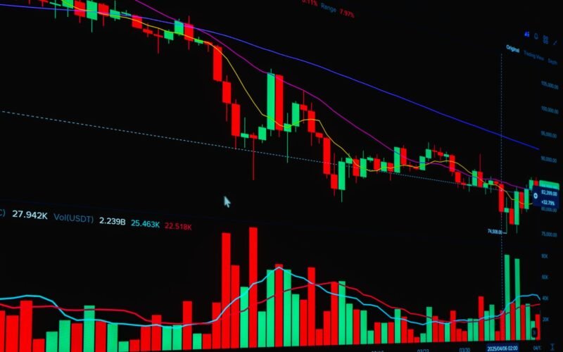 Vibrant digital chart showcasing cryptocurrency market trends with candlestick patterns.