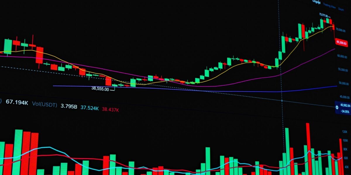 Graphic showing stock market trends with rising and falling bars and line graph indicators.