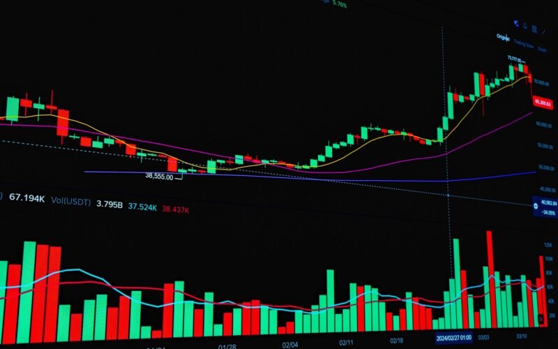 Graphic showing stock market trends with rising and falling bars and line graph indicators.