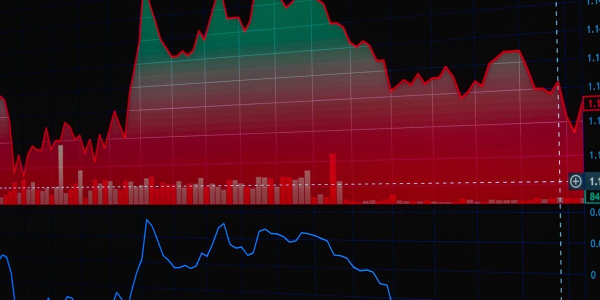 Illustration of a stock market chart with red and green data, showing market trends and analytics.