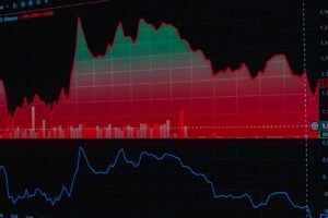 Illustration of a stock market chart with red and green data, showing market trends and analytics.