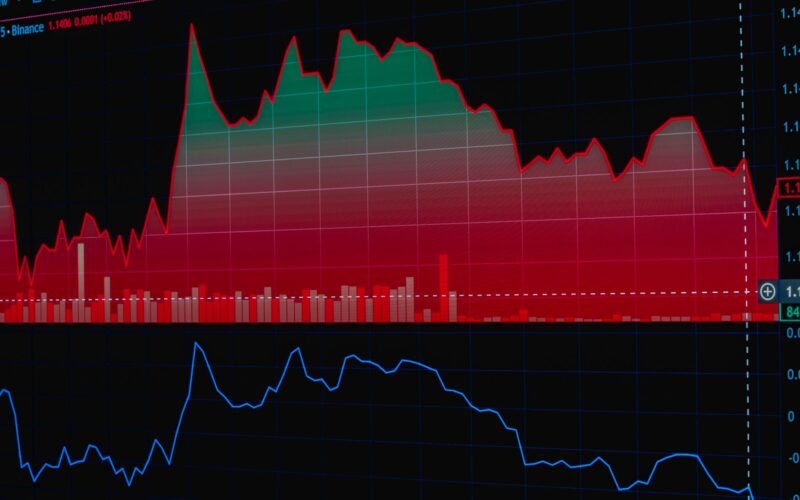 Illustration of a stock market chart with red and green data, showing market trends and analytics.