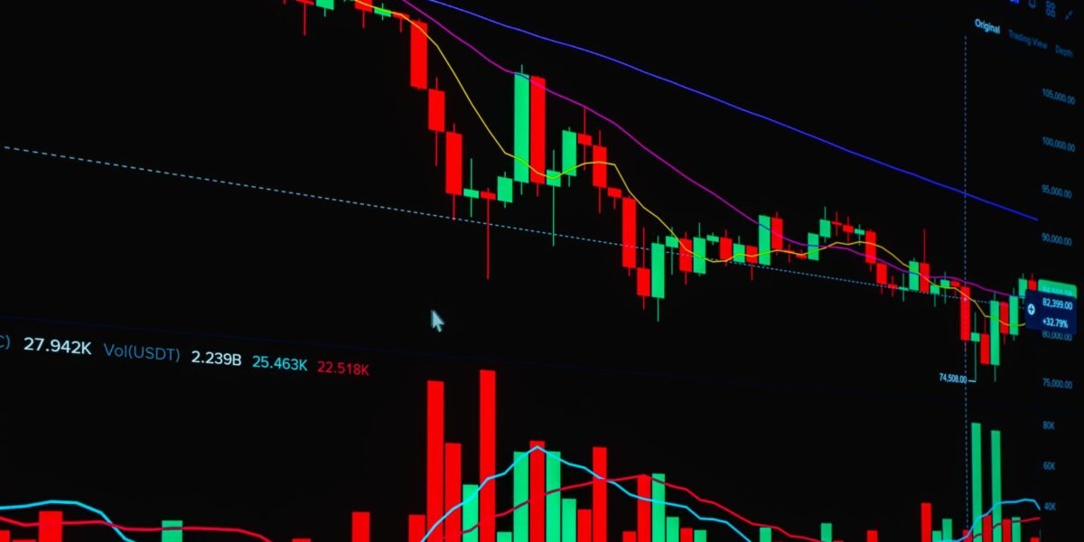 Vibrant digital chart showcasing cryptocurrency market trends with candlestick patterns.