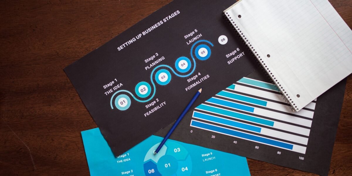 Top view of business planning charts and notebook on a wooden desk.