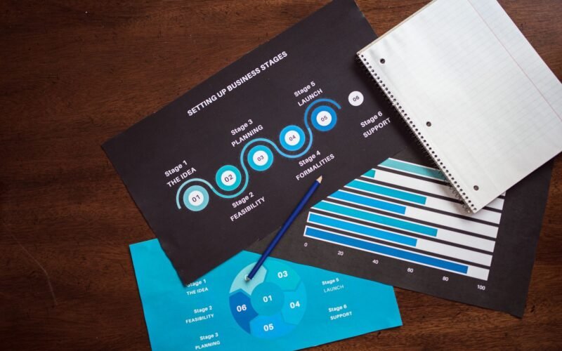 Top view of business planning charts and notebook on a wooden desk.