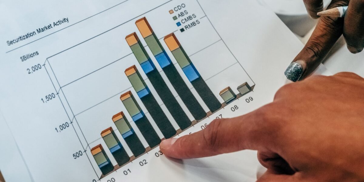 Close-up of hands pointing at a financial market activity chart, analyzing trends in securitization.